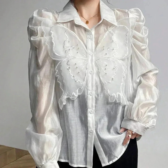 White Elegant Women's 3D Butterfly Decorated Puff Sleeve Blouse - Picture 3 of 8